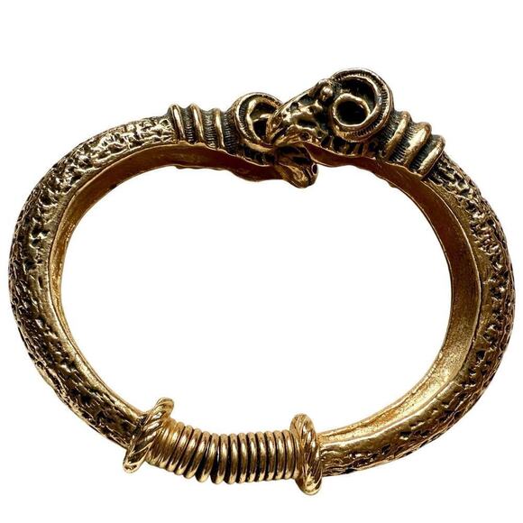 Vtg Egyptian Revival Gold Tone Rams Head Bypass Spring Hinge Bangle Bracelet - Picture 1 of 5